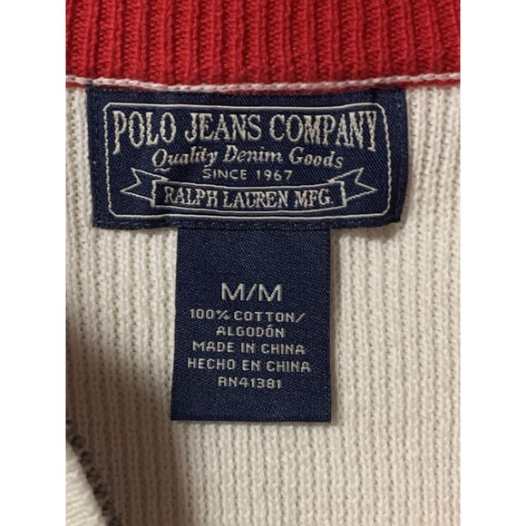 Polo Jeans Co Ralph Lauren Sweater Womens Medium Red White Mock Neck 1/4 Zip - Picture 6 of 10